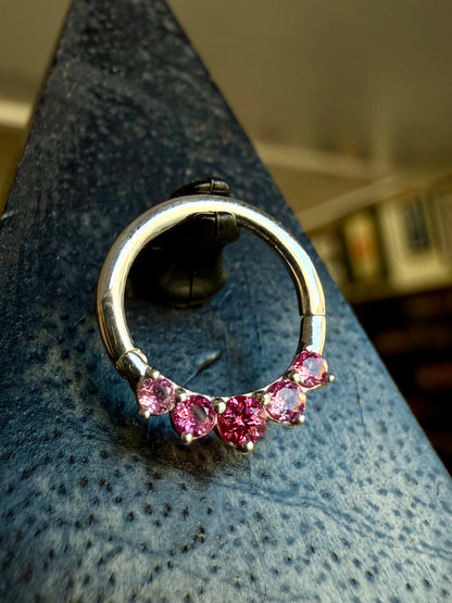 'Vivien' - 14ct White Gold Front Facing Pink Sapphire Hinge Ring