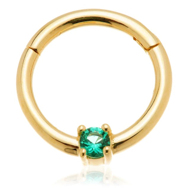 'Quinn' - 14ct Gold 2mm Emerald Prong Set Hinge Ring