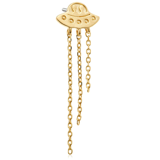 14ct Solid Gold Threadless 'Alien Invasion with Chain' UFO with Beams Attachment