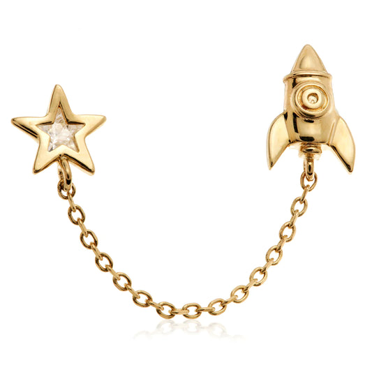 14ct Solid Gold Threadless 'Trail Blazer' Rocket Ship with Star Gem Pin Attachment